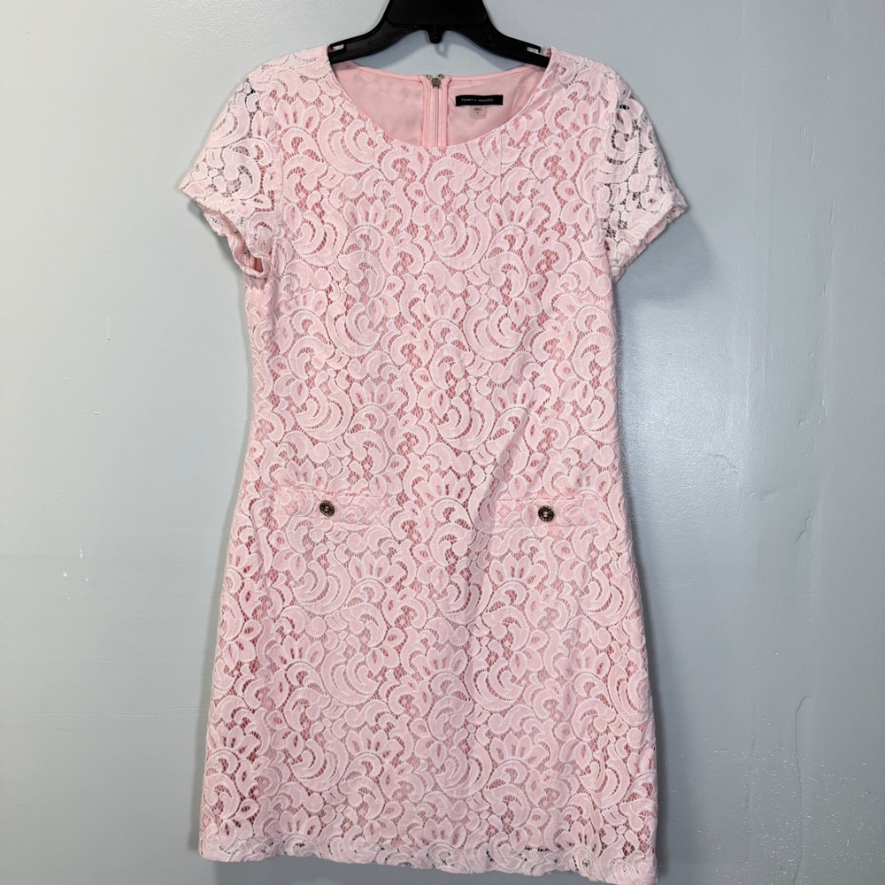 Tommy Hilfiger Pink Lace Short Sleeve Sheath Dress Sz‎ 12 Floral Pastel Romantic